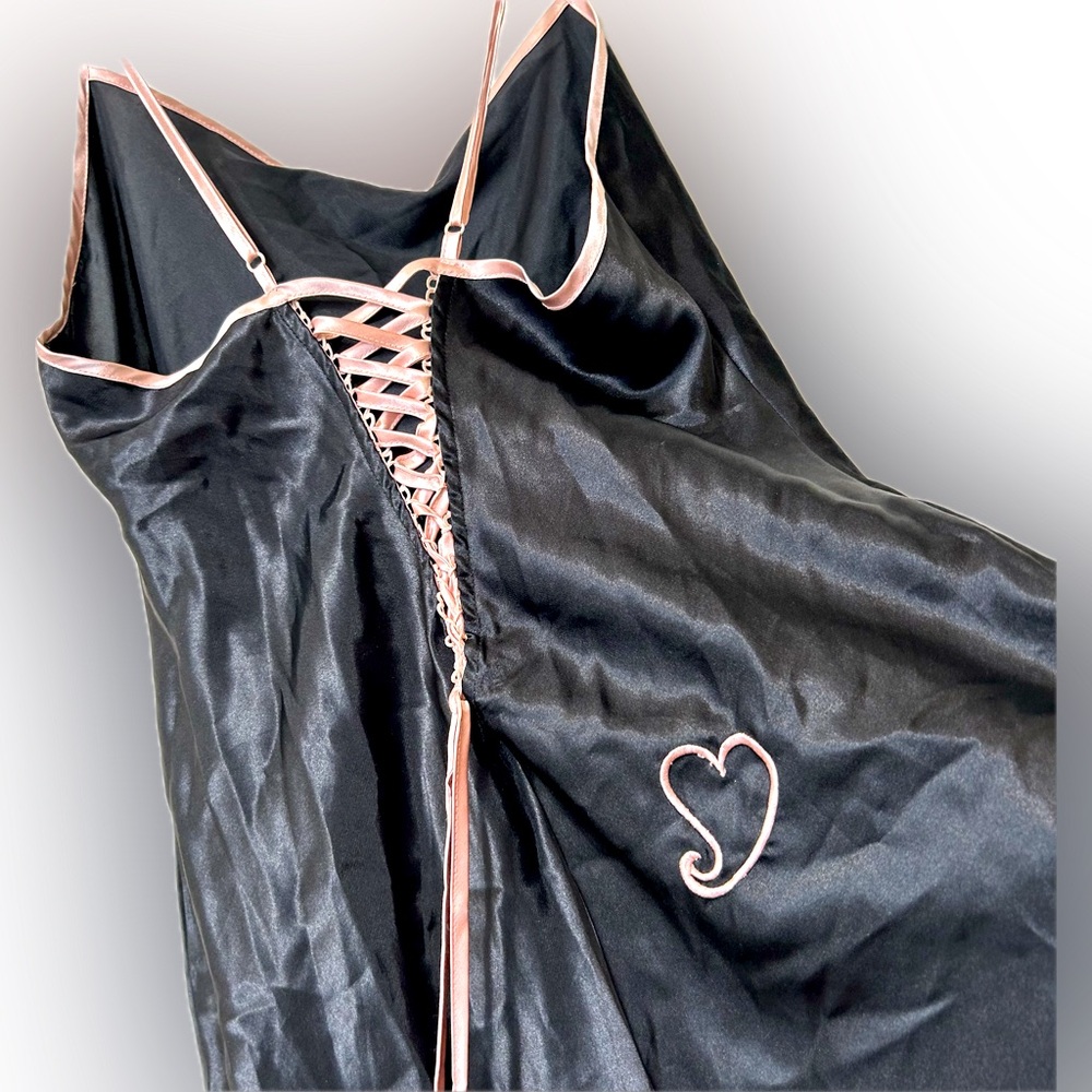 La Vie en Rose black satin coquette slip dress pink trim back lace corset Size M